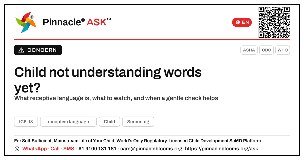 What does it mean if my child is not yet showing receptive language? — Pinnacle Ask answer card with a short explanation and QR link