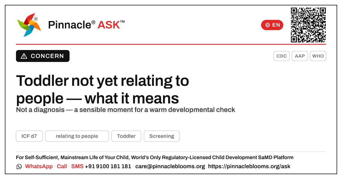 What does it mean if my child is not yet relating to people? — Pinnacle Ask answer card with a short explanation and QR link