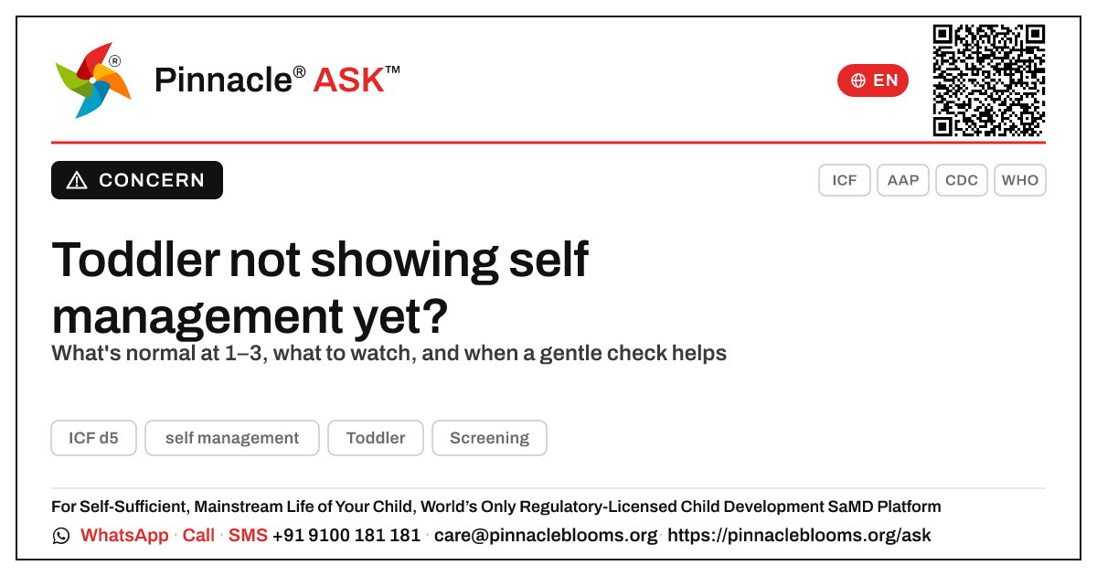 What does it mean if my child is not yet showing self management? — Pinnacle Ask answer card with a short explanation and QR link