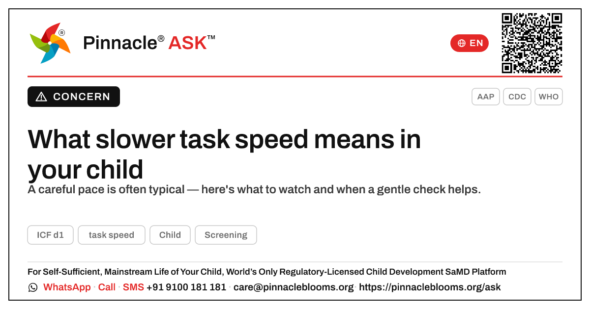 What does it mean if my child is not yet showing task speed? — Pinnacle Ask answer card with a short explanation and QR link