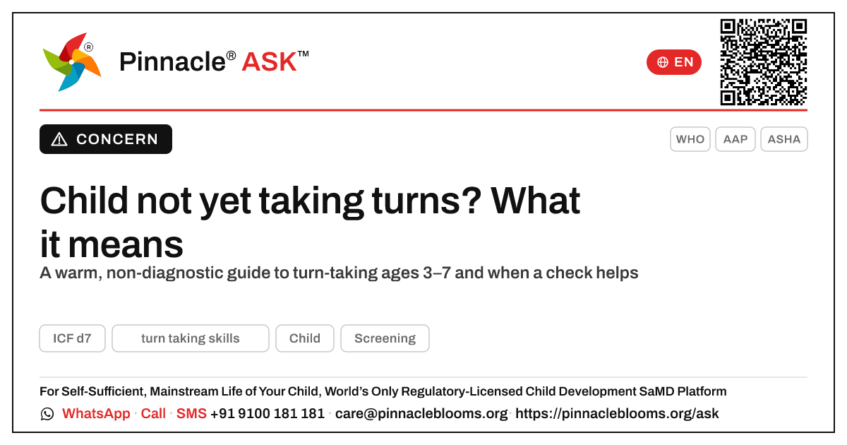 What does it mean if my child is not yet showing turn-taking skills? — Pinnacle Ask answer card with a short explanation and QR link