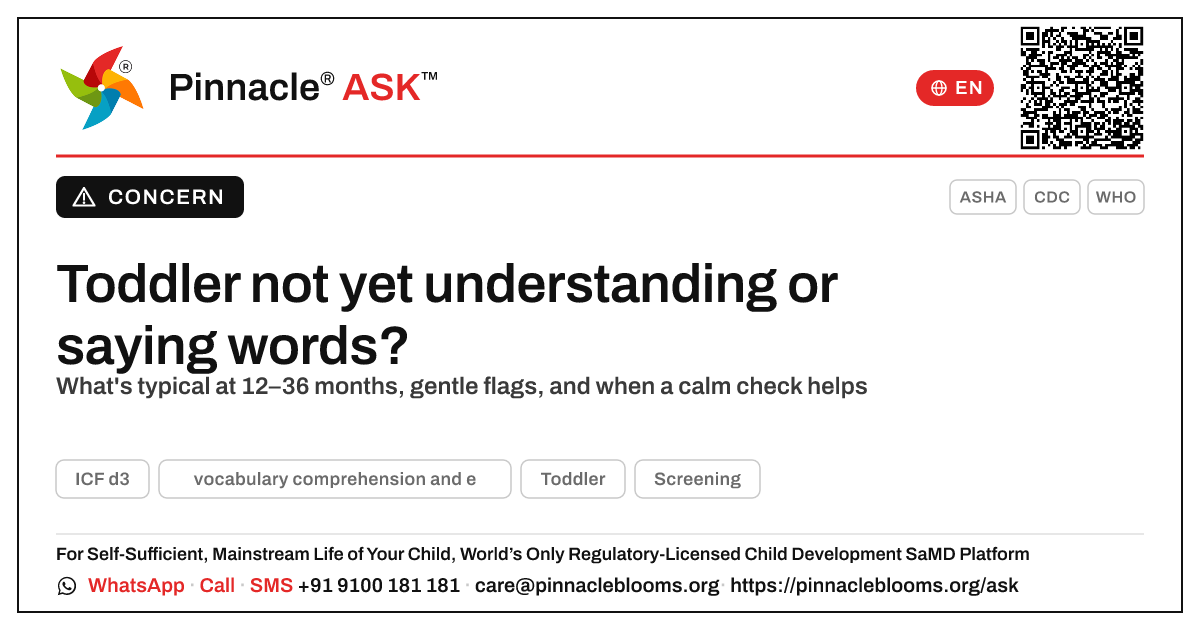What does it mean if my child isn't yet showing vocabulary comprehension and expression? — Pinnacle Ask answer card with a short explanation and QR link