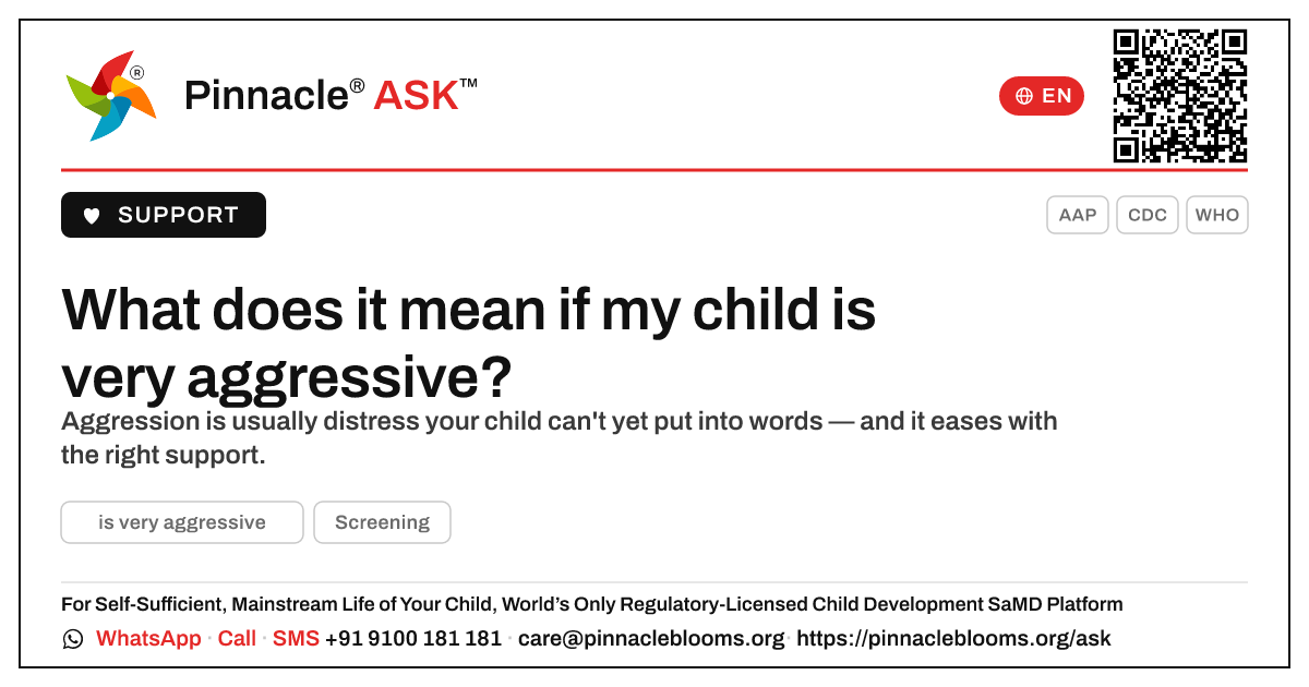 What does it mean if my child is very aggressive? — Pinnacle Ask answer card with a short explanation and QR link