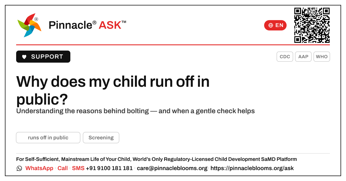 What does it mean if my child runs off in public? — Pinnacle Ask answer card with a short explanation and QR link