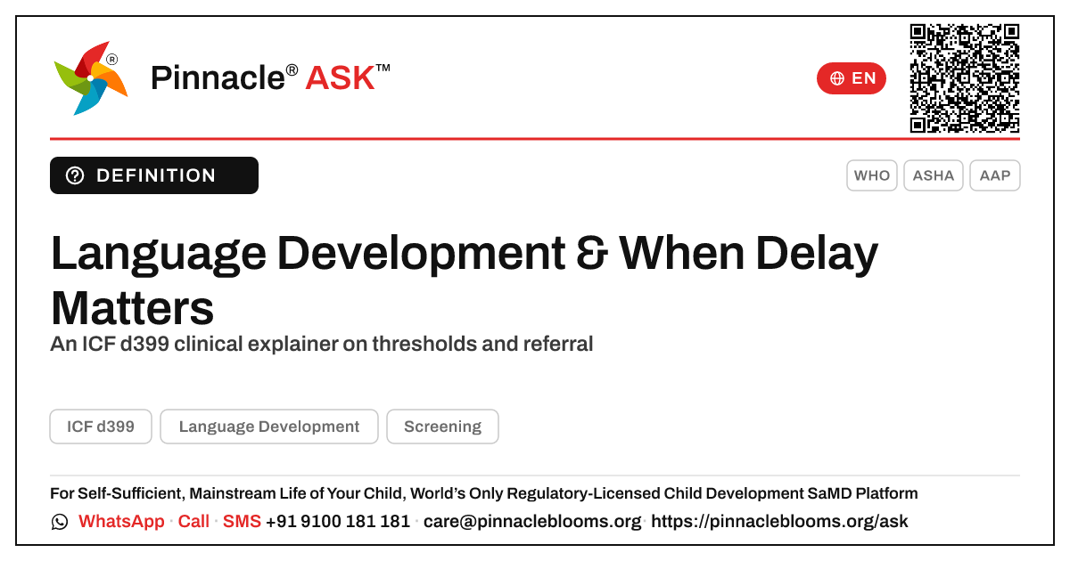 Language Development: Definition and Clinical Significance of Delay — Pinnacle Ask answer card with a short explanation and QR link