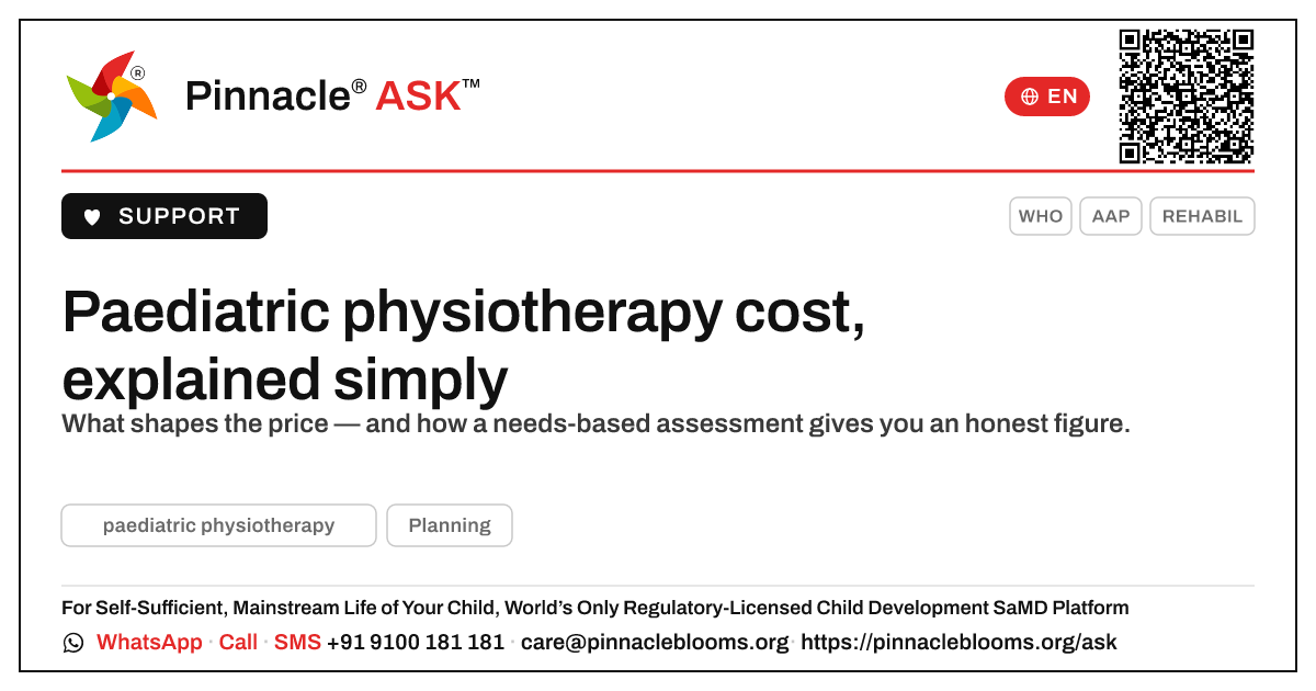 What does paediatric physiotherapy cost, and what affects the price? — Pinnacle Ask answer card with a short explanation and QR link