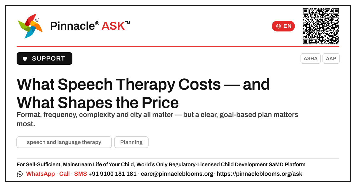 What Speech and Language Therapy Typically Costs — Pinnacle Ask answer card with a short explanation and QR link