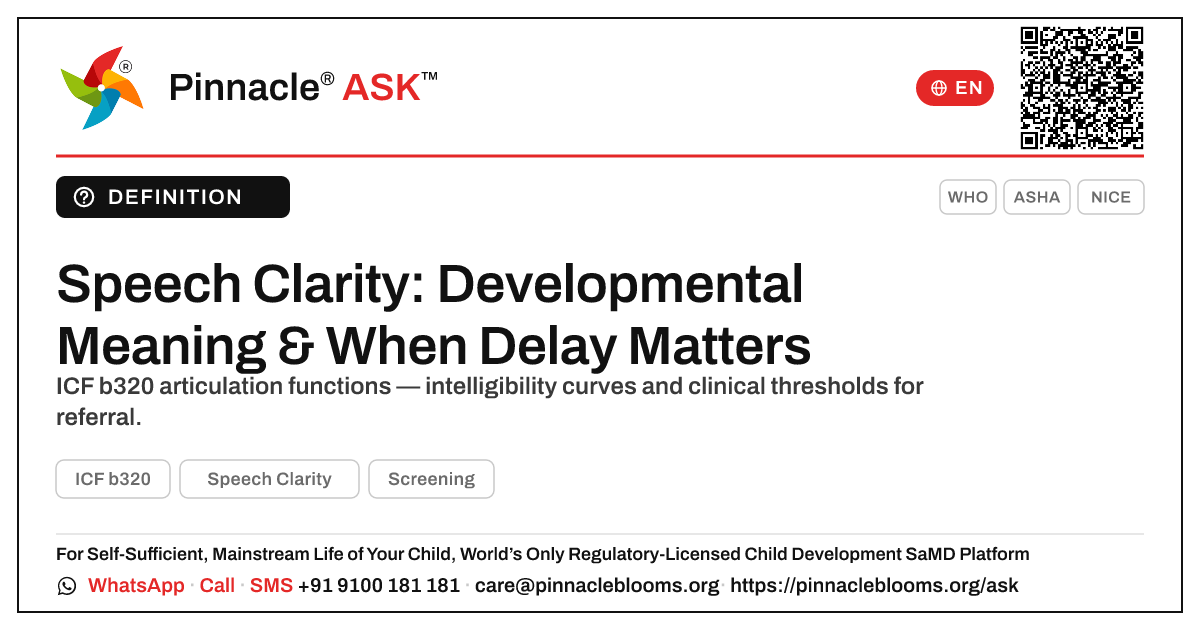 What Speech Clarity Represents and When Delay Is Clinically Significant — Pinnacle Ask answer card with a short explanation and QR link