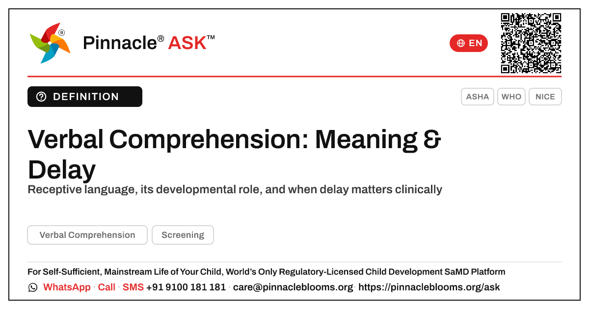 Verbal Comprehension: Developmental Meaning and Clinical Significance of Delay — Pinnacle Ask answer card with a short explanation and QR link