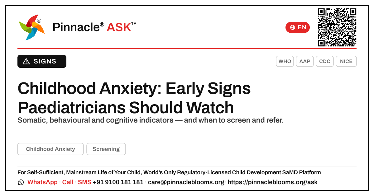 Early Indicators of Childhood Anxiety for Paediatricians — Pinnacle Ask answer card with a short explanation and QR link