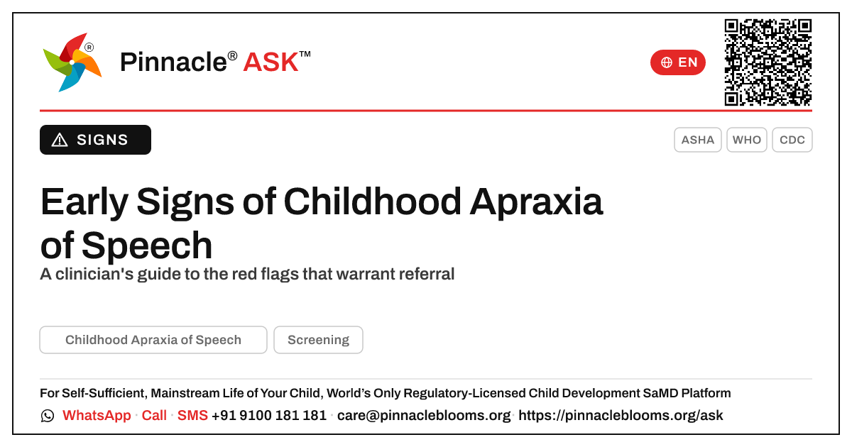 Early indicators of Childhood Apraxia of Speech a paediatrician should watch for — Pinnacle Ask answer card with a short explanation and QR link