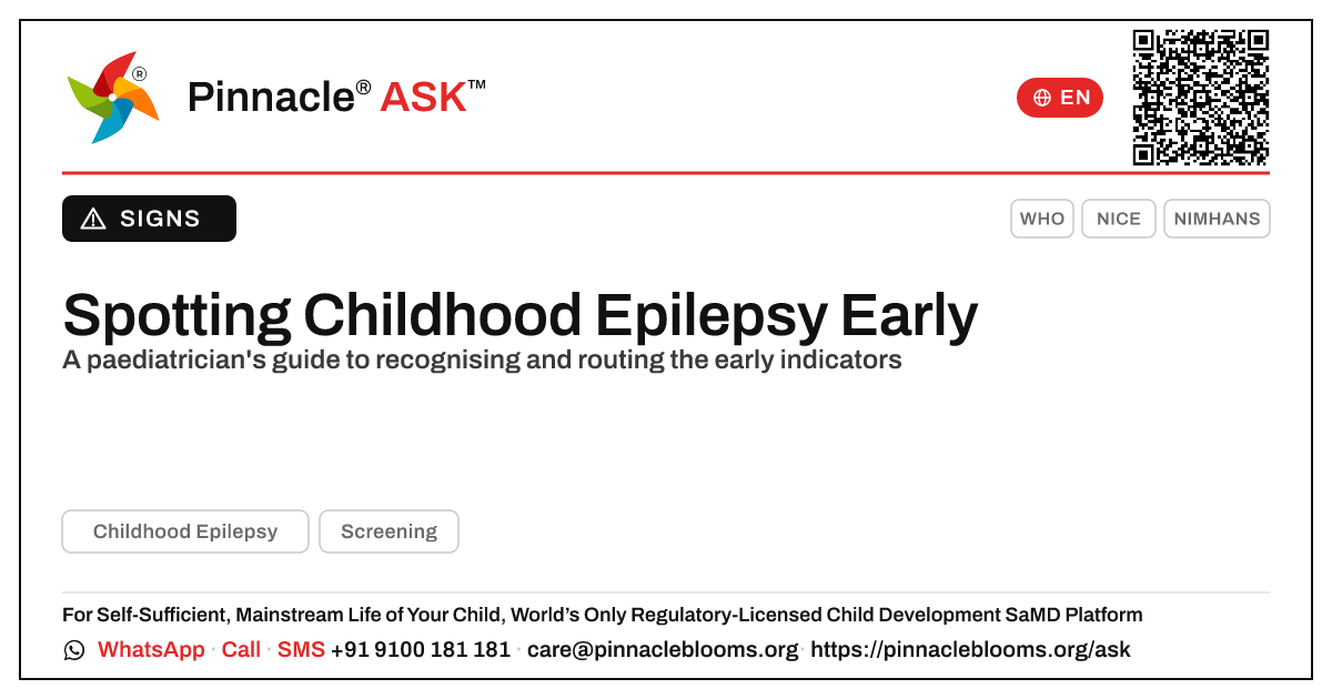 Early Indicators of Childhood Epilepsy — Pinnacle Ask answer card with a short explanation and QR link