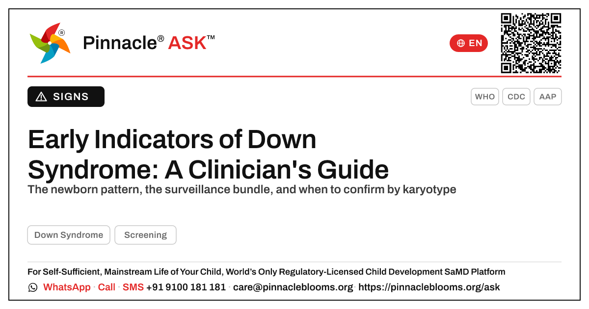 Early Indicators of Down Syndrome for the Paediatrician — Pinnacle Ask answer card with a short explanation and QR link