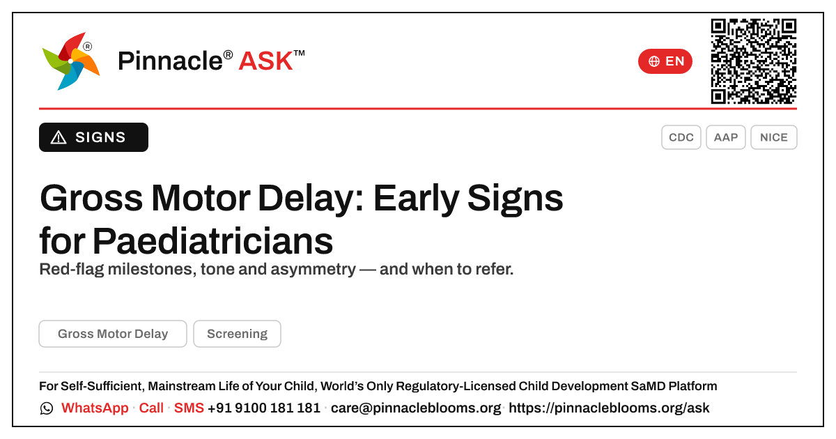 Early Indicators of Gross Motor Delay — Pinnacle Ask answer card with a short explanation and QR link