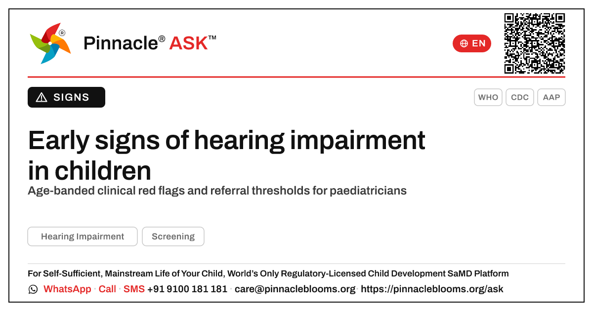 Early indicators of hearing impairment for paediatricians — Pinnacle Ask answer card with a short explanation and QR link