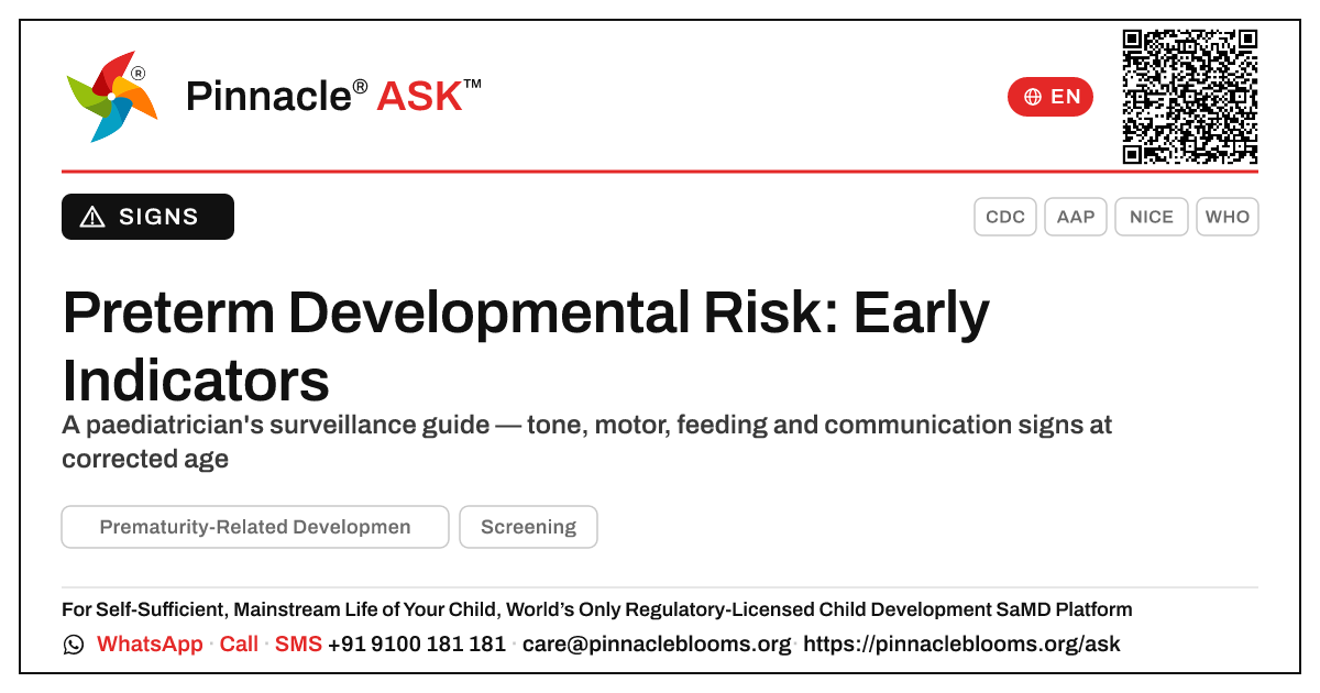Early Indicators of Prematurity-Related Developmental Risk — Pinnacle Ask answer card with a short explanation and QR link