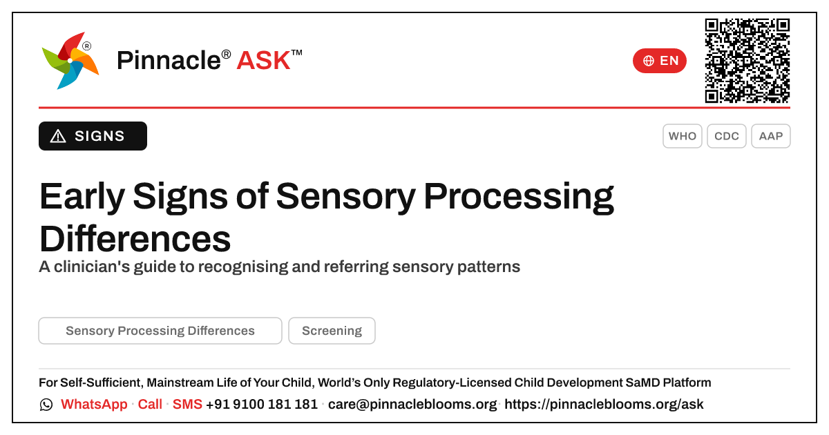 Early Indicators of Sensory Processing Differences — Pinnacle Ask answer card with a short explanation and QR link