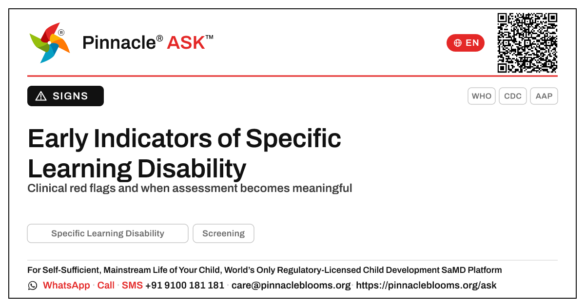 Early Indicators of Specific Learning Disability — Pinnacle Ask answer card with a short explanation and QR link