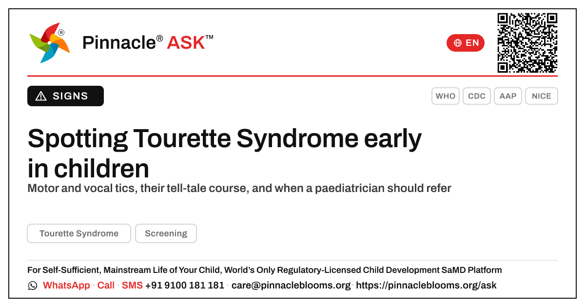 Early indicators of Tourette Syndrome for paediatricians — Pinnacle Ask answer card with a short explanation and QR link