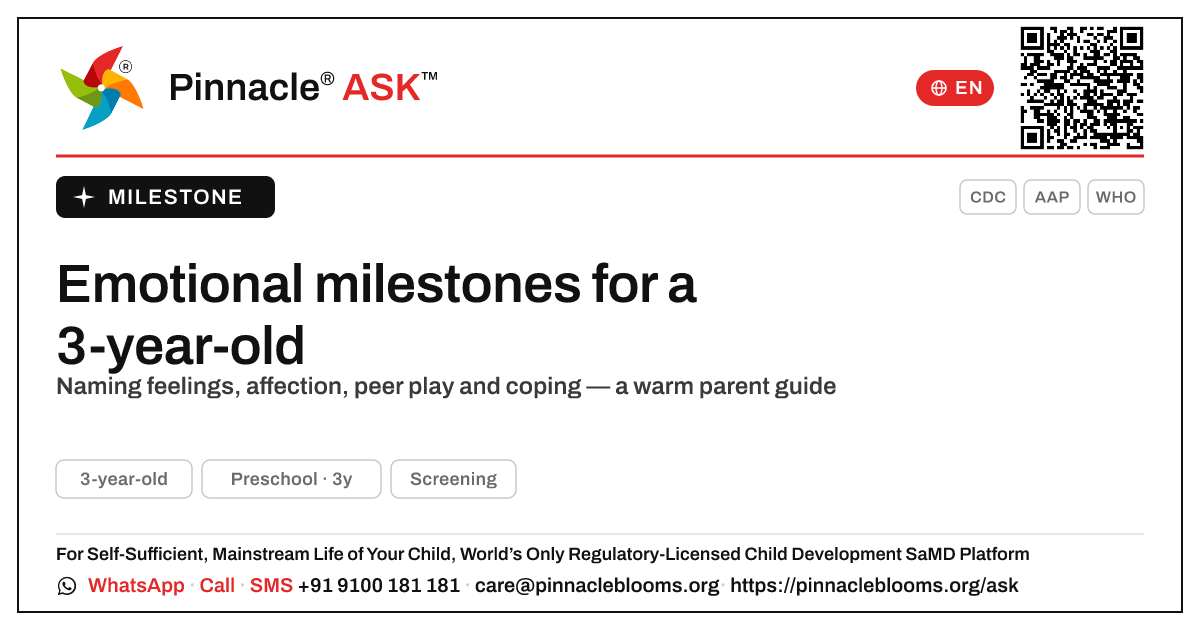 What emotional milestones should a 3-year-old reach? — Pinnacle Ask answer card with a short explanation and QR link