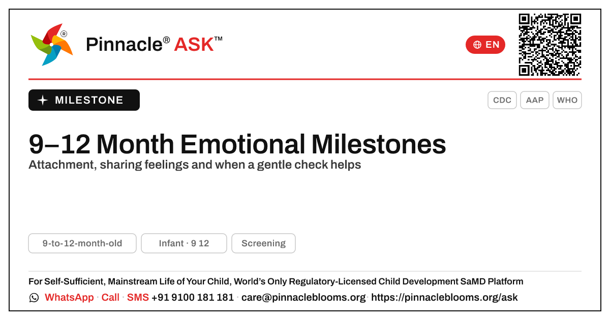 What emotional milestones should a 9-to-12-month-old reach? — Pinnacle Ask answer card with a short explanation and QR link