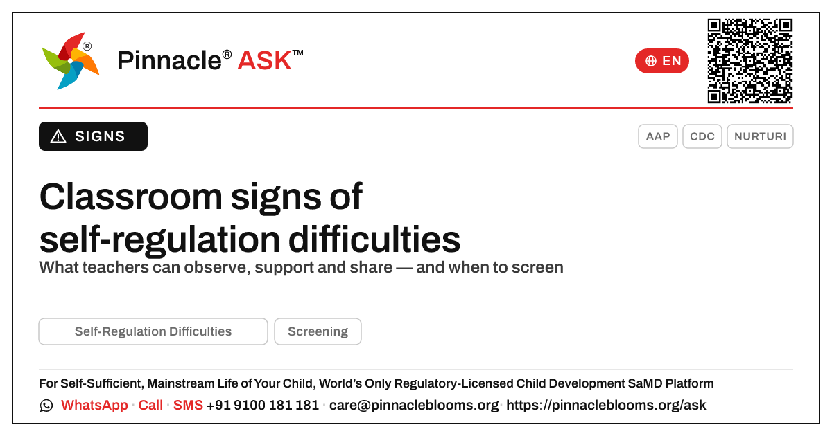 What everyday classroom signs might suggest a child has Self-Regulation Difficulties? — Pinnacle Ask answer card with a short explanation and QR link