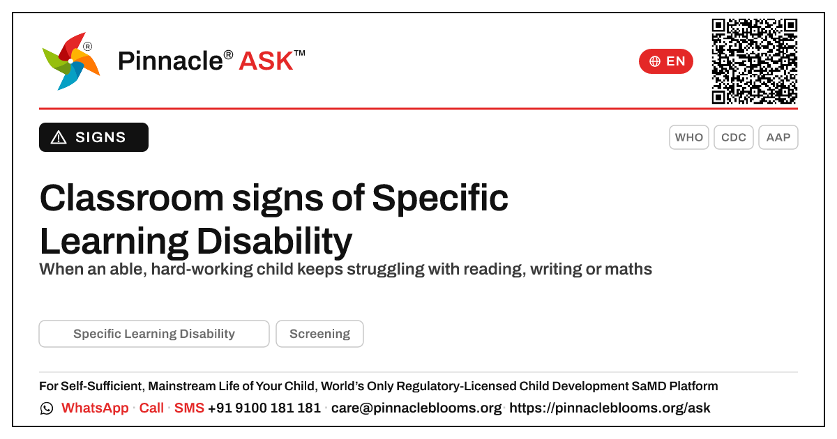 What everyday classroom signs might suggest a child has Specific Learning Disability? — Pinnacle Ask answer card with a short explanation and QR link