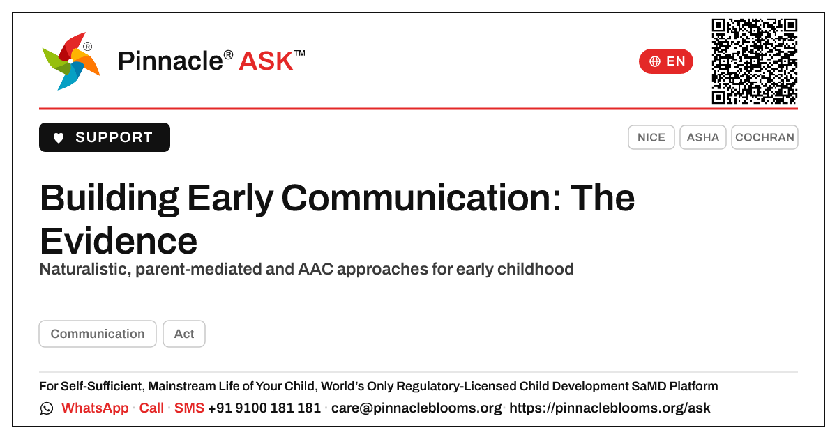 Evidence-Based Approaches to Build Early Communication — Pinnacle Ask answer card with a short explanation and QR link