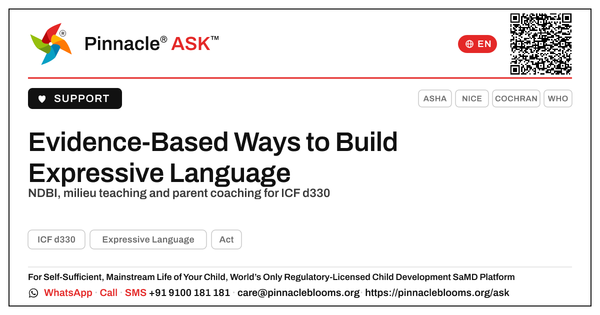 Evidence-Based Therapy Approaches for Expressive Language — Pinnacle Ask answer card with a short explanation and QR link