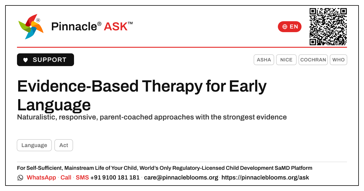 Evidence-Based Approaches to Build Early Language — Pinnacle Ask answer card with a short explanation and QR link