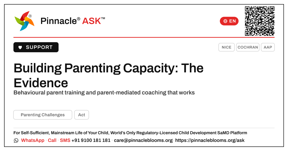 Evidence-Based Therapy for Parenting Challenges — Pinnacle Ask answer card with a short explanation and QR link