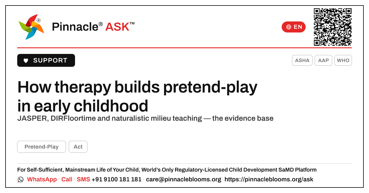 Evidence-based therapy approaches that build pretend-play — Pinnacle Ask answer card with a short explanation and QR link