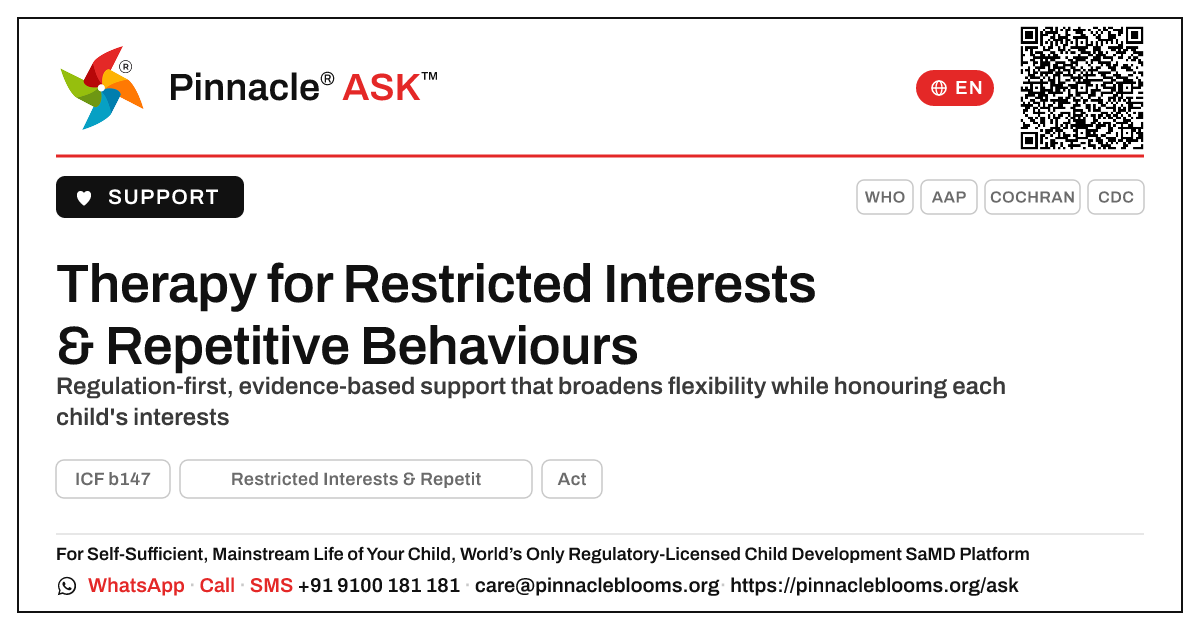 Evidence-Based Therapy for Restricted Interests & Repetitive Behaviours — Pinnacle Ask answer card with a short explanation and QR link