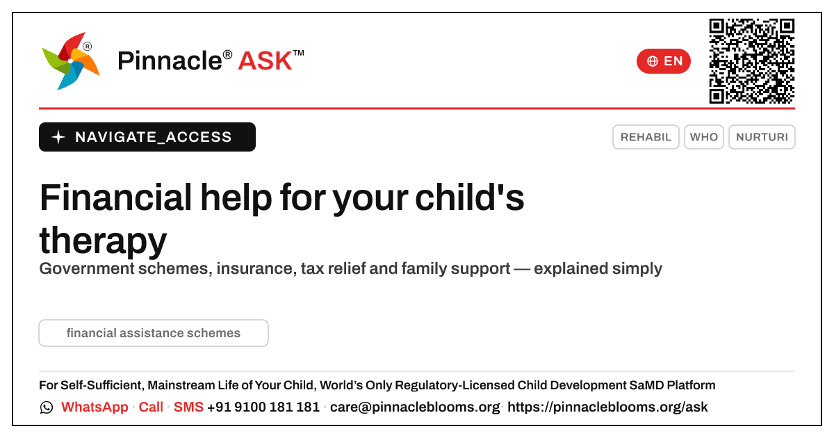 Financial assistance and schemes for your child's therapy — Pinnacle Ask answer card with a short explanation and QR link