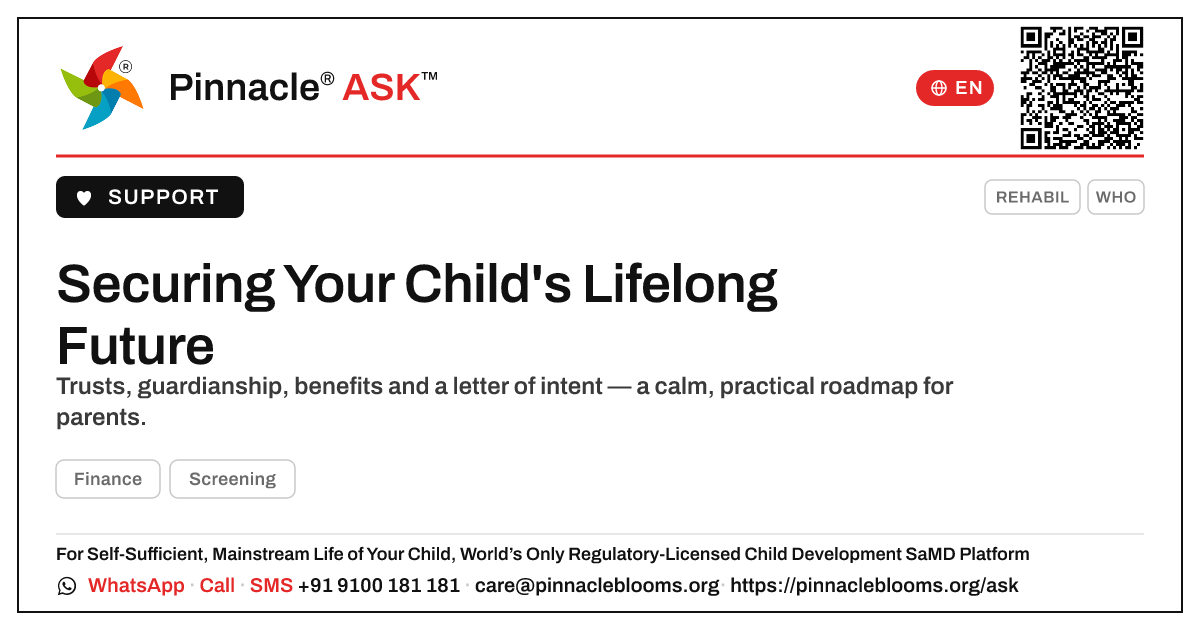 What financial planning should I do for a child with lifelong needs? — Pinnacle Ask answer card with a short explanation and QR link