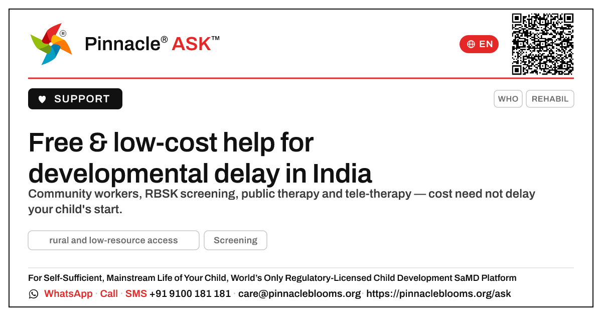 Free & low-cost help for developmental delay in India — Pinnacle Ask answer card with a short explanation and QR link