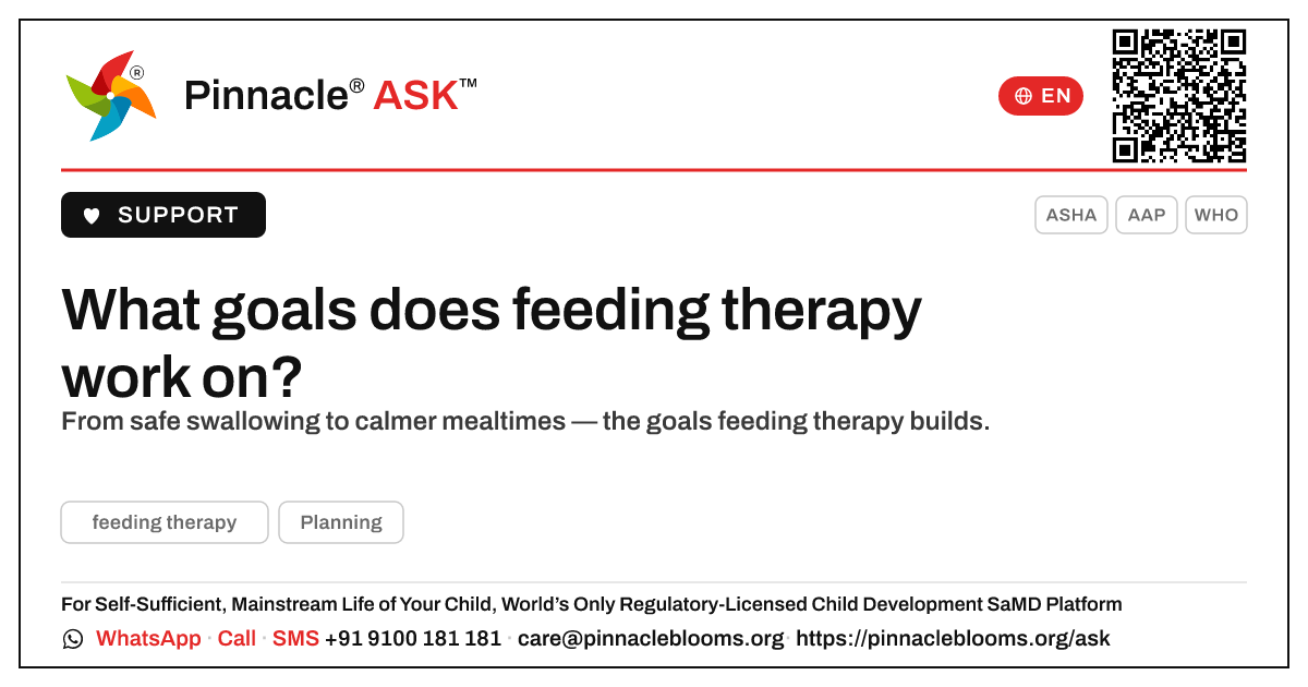 What goals does feeding therapy work on? — Pinnacle Ask answer card with a short explanation and QR link