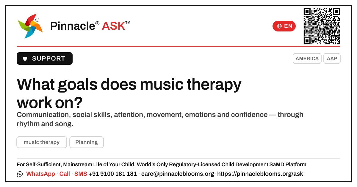 What goals does music therapy work on? — Pinnacle Ask answer card with a short explanation and QR link
