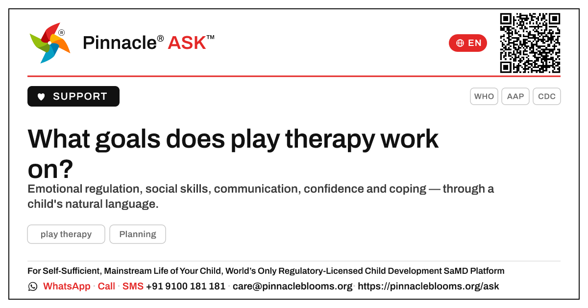 What goals does play therapy work on? — Pinnacle Ask answer card with a short explanation and QR link