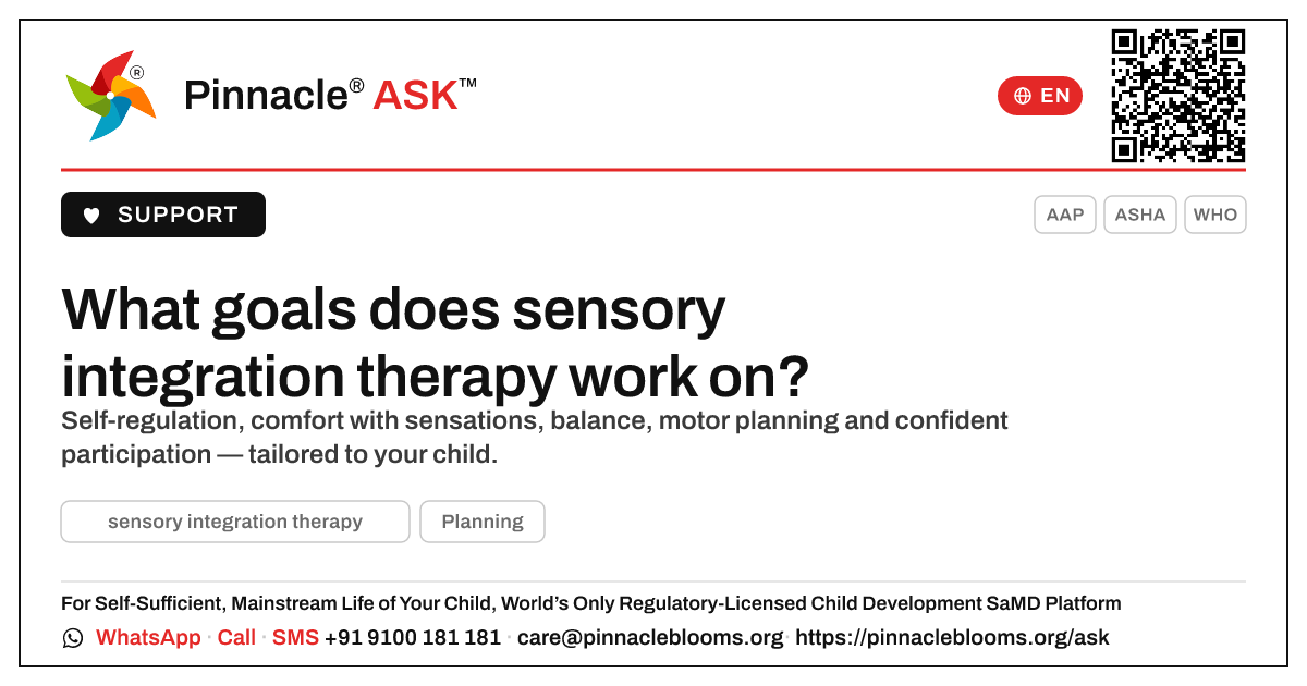 What goals does sensory integration therapy work on? — Pinnacle Ask answer card with a short explanation and QR link