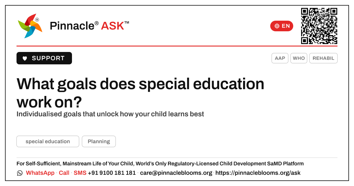 What goals does special education work on? — Pinnacle Ask answer card with a short explanation and QR link