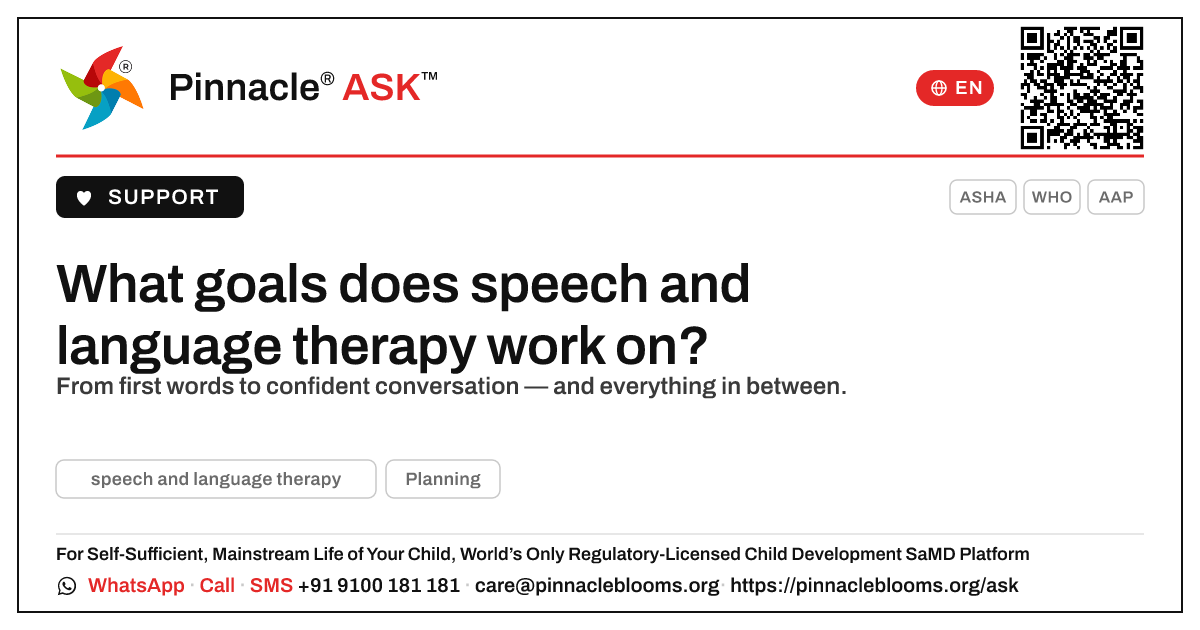 What goals does speech and language therapy work on? — Pinnacle Ask answer card with a short explanation and QR link