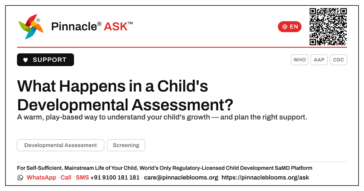 What Happens in a Developmental Assessment for a Child? — Pinnacle Ask answer card with a short explanation and QR link