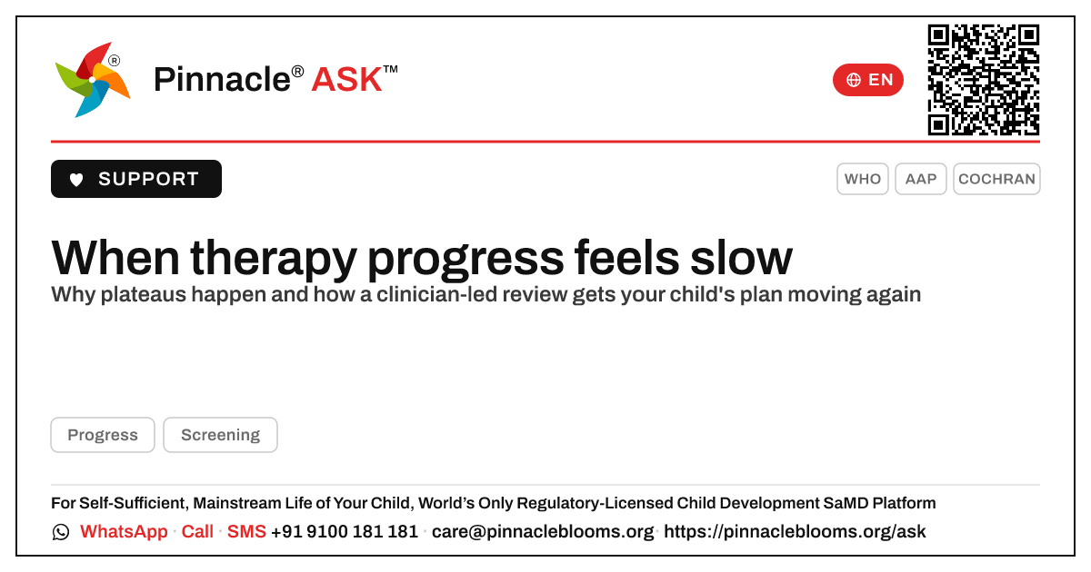 What if my child is not making progress in therapy? — Pinnacle Ask answer card with a short explanation and QR link