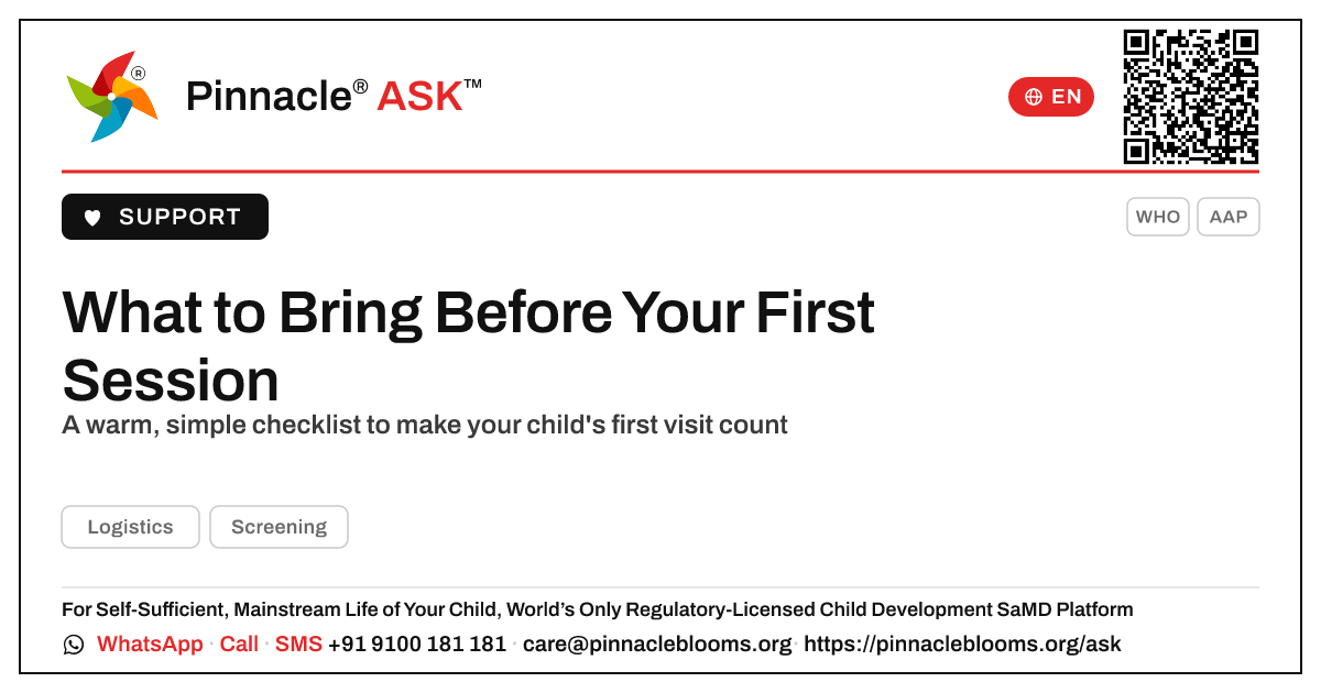 What information do you need before the first session? — Pinnacle Ask answer card with a short explanation and QR link