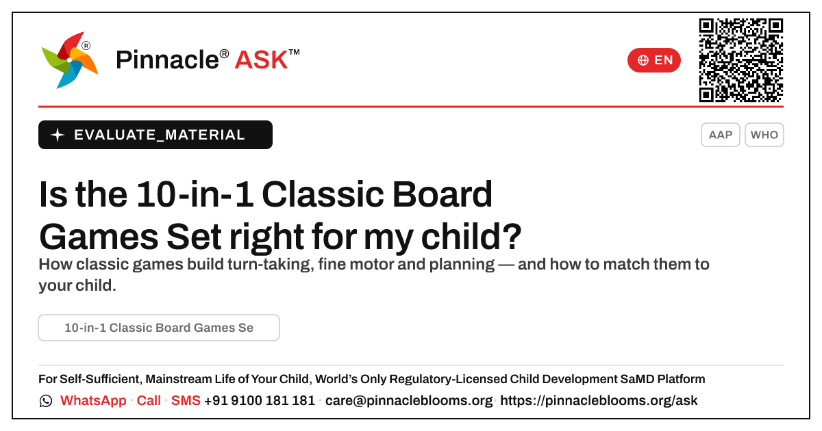 10-in-1 Classic Board Games Set for child development — Pinnacle Ask answer card with a short explanation and QR link
