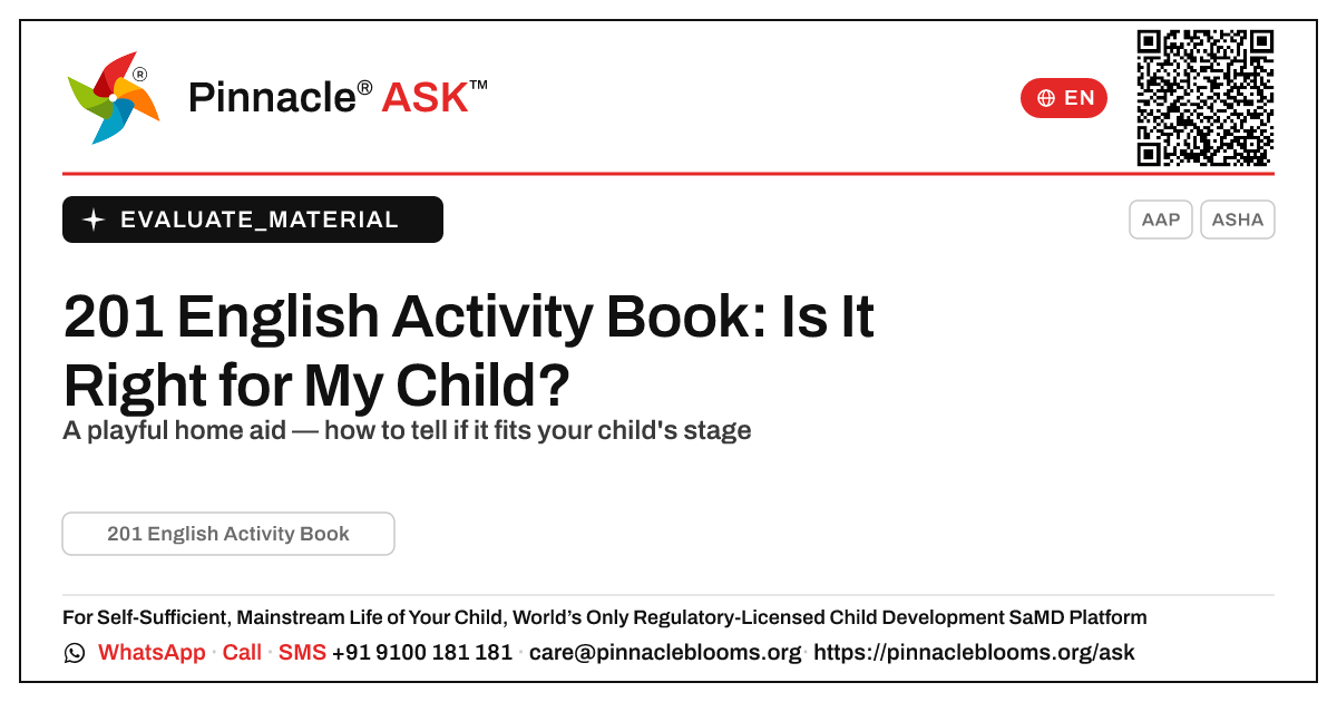 What is the 201 English Activity Book, and is it right for my child? — Pinnacle Ask answer card with a short explanation and QR link