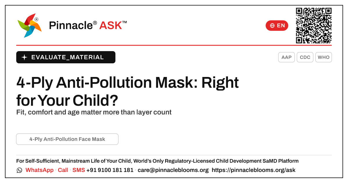 What is a 4-Ply Anti-Pollution Face Mask, and is it right for my child? — Pinnacle Ask answer card with a short explanation and QR link