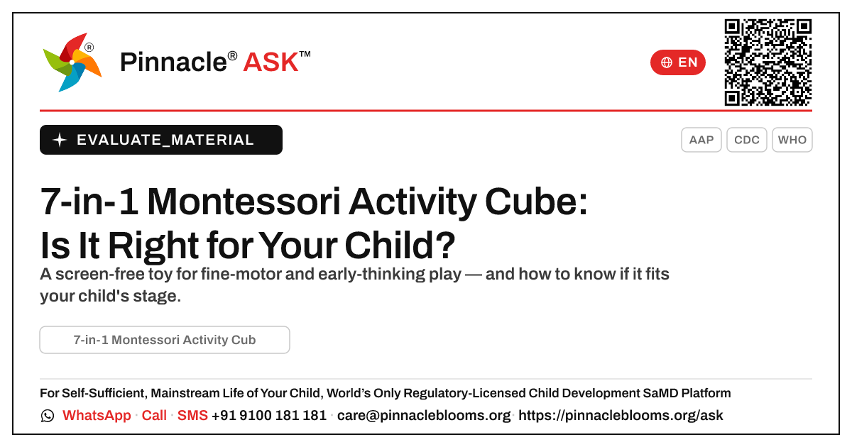 7-in-1 Montessori Activity Cube: Is It Right for My Child? — Pinnacle Ask answer card with a short explanation and QR link
