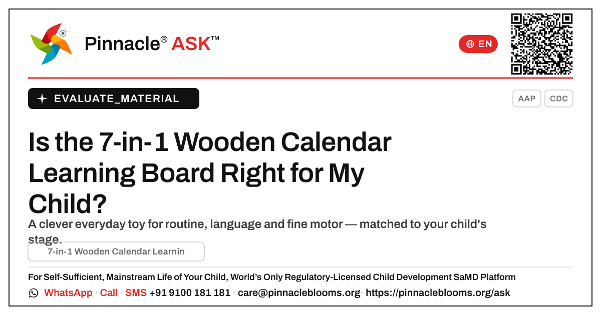7-in-1 Wooden Calendar Learning Board: Is It Right for My Child? — Pinnacle Ask answer card with a short explanation and QR link